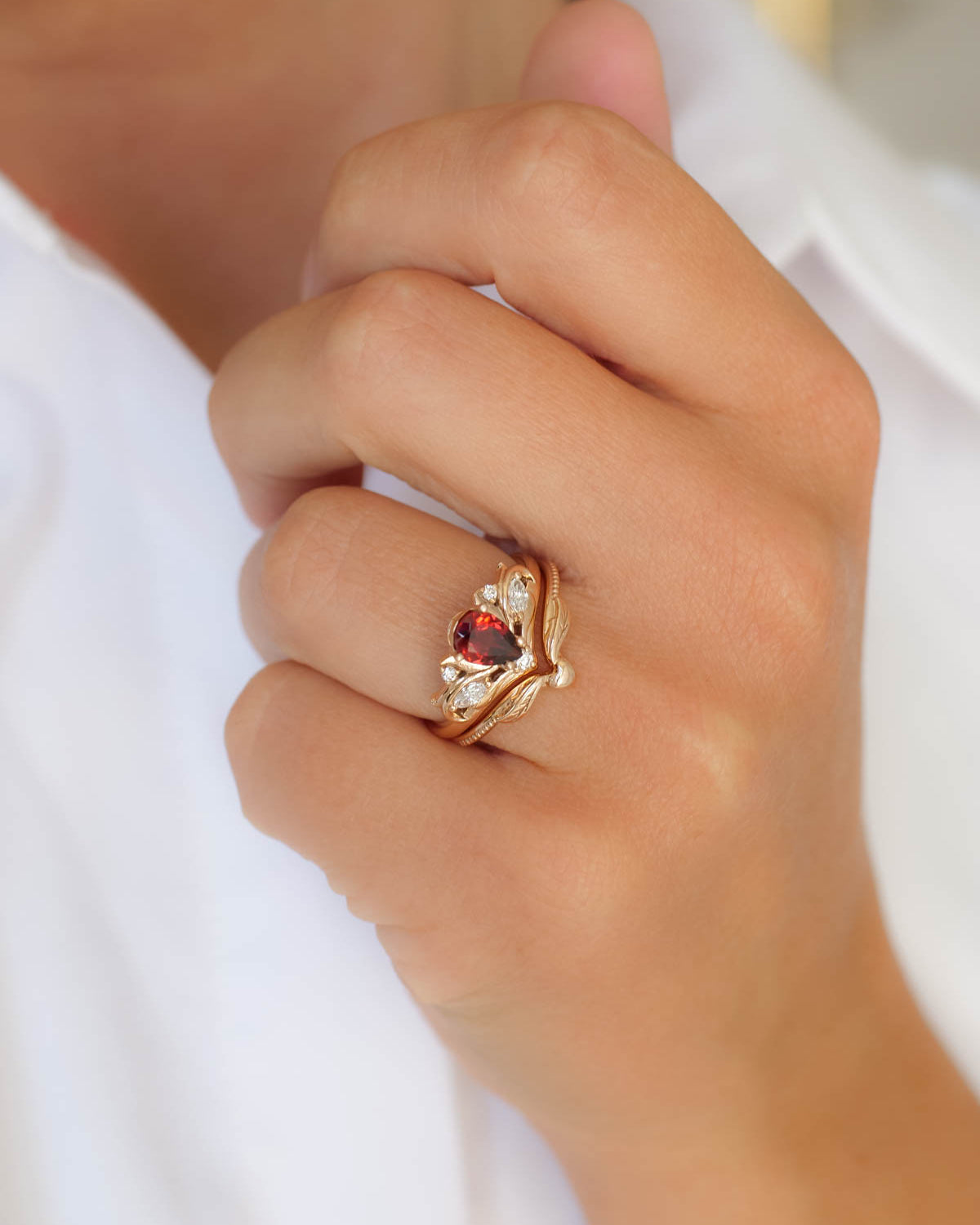 Pear shaped garnet engagement ring, alternative bridal ring set / Swanlake - Eden Garden Jewelry™