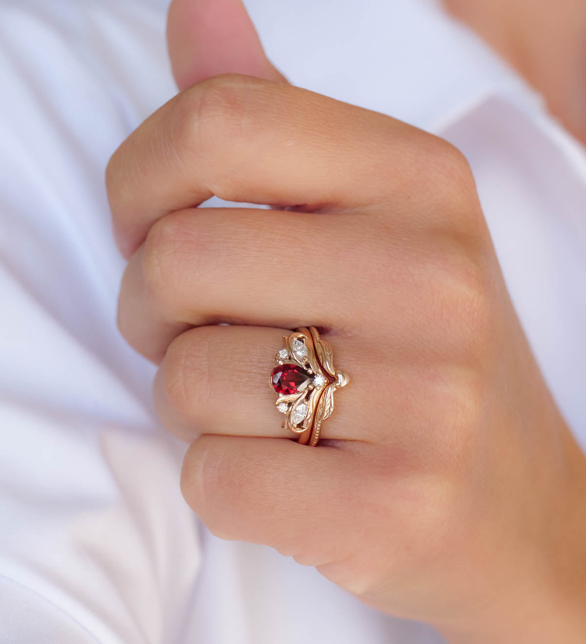Pear shaped garnet engagement ring, alternative bridal ring set / Swanlake - Eden Garden Jewelry™