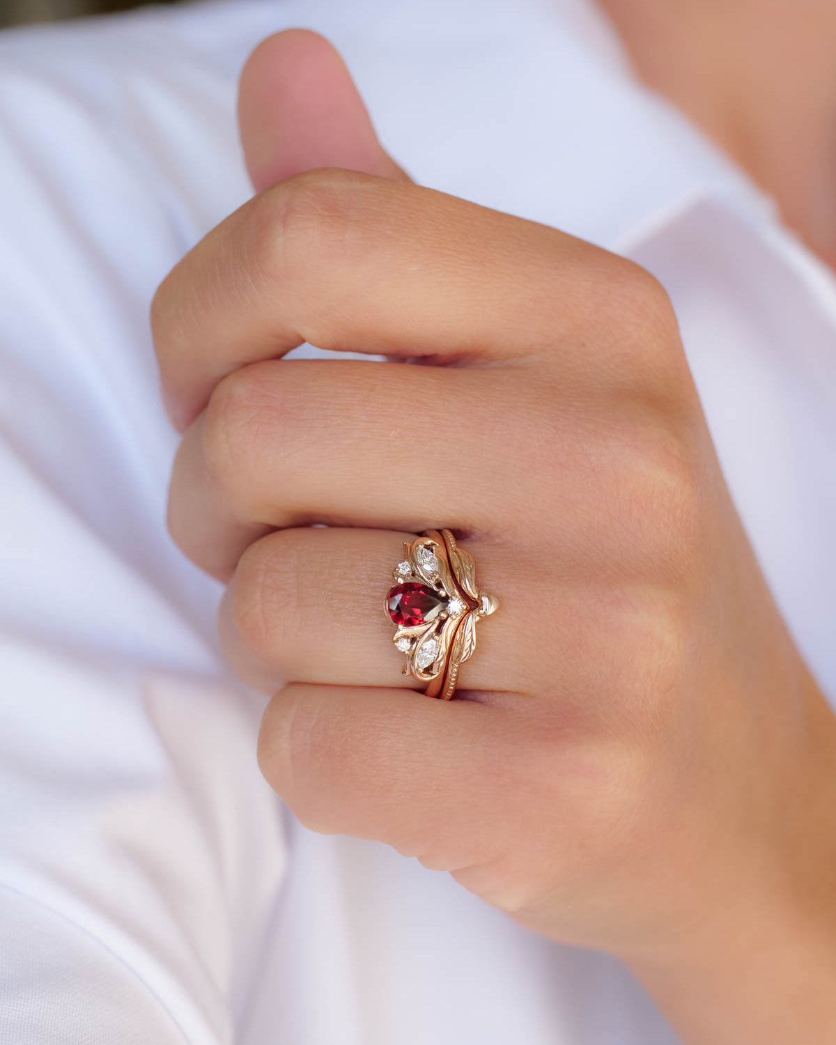 Pear shaped garnet engagement ring, alternative bridal ring set / Swanlake - Eden Garden Jewelry™