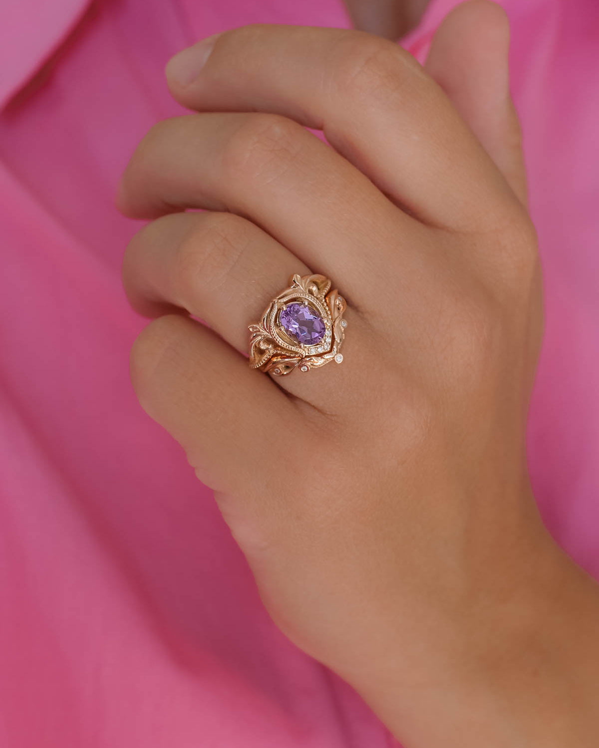 Ornate engagement ring set with amethyst, vintage inspired gold rings / Lida - Eden Garden Jewelry™