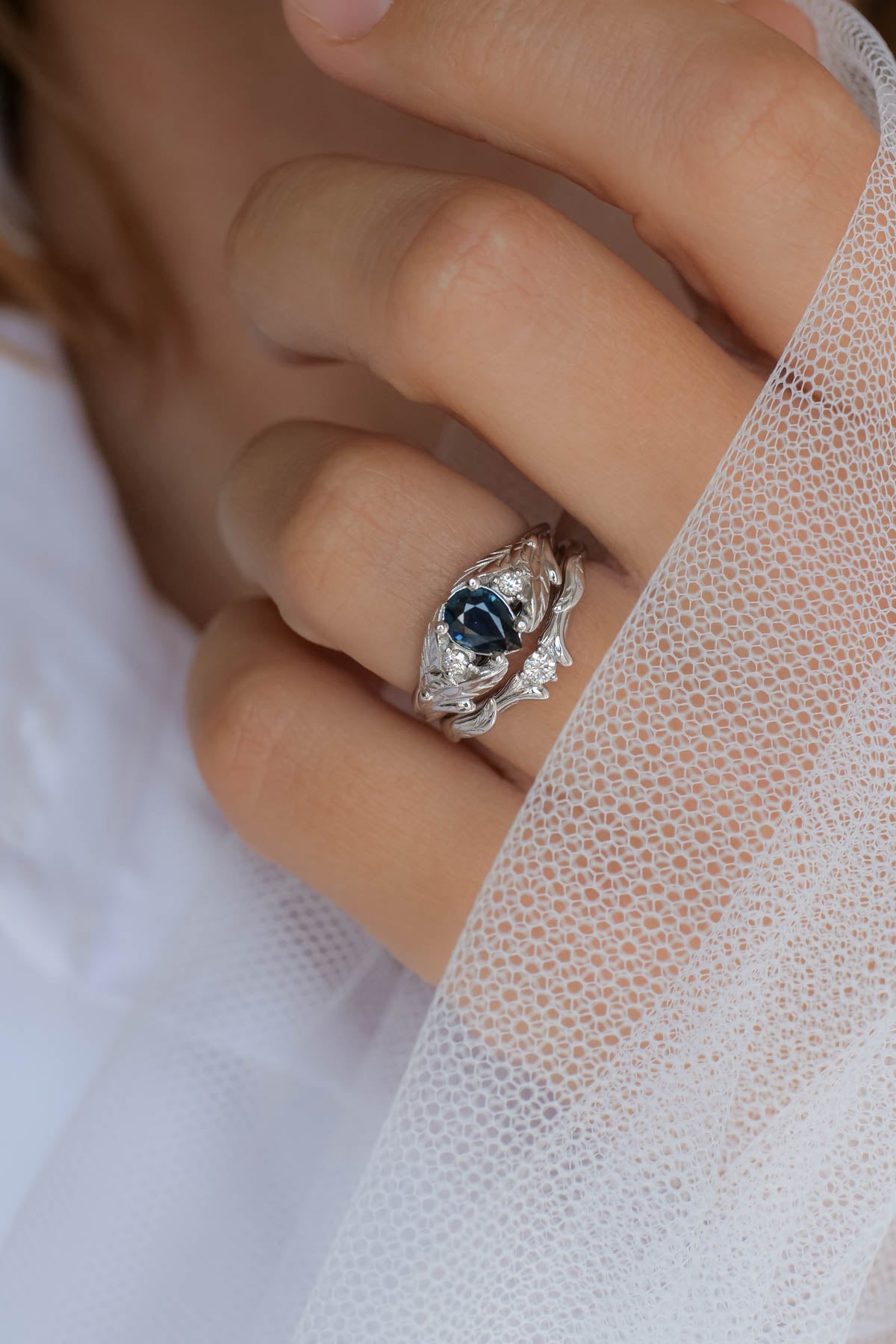 Genuine sapphire bridal ring set, blue sapphire ring  / Wisteria - Eden Garden Jewelry™