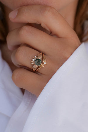 Moss agate gold ring set, diamond engagement ring set / Ariadne - Eden Garden Jewelry™