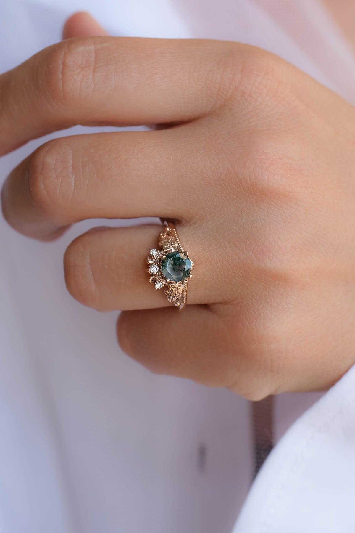 Green moss agate engagement ring, promise ring with diamonds