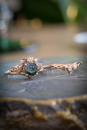 Green moss agate engagement ring, promise ring with diamonds / Ariadne - Eden Garden Jewelry™