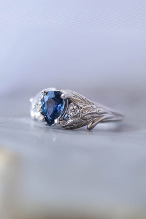 Royal blue sapphire engagement ring, unique leaf ring with diamonds / Wisteria - Eden Garden Jewelry™