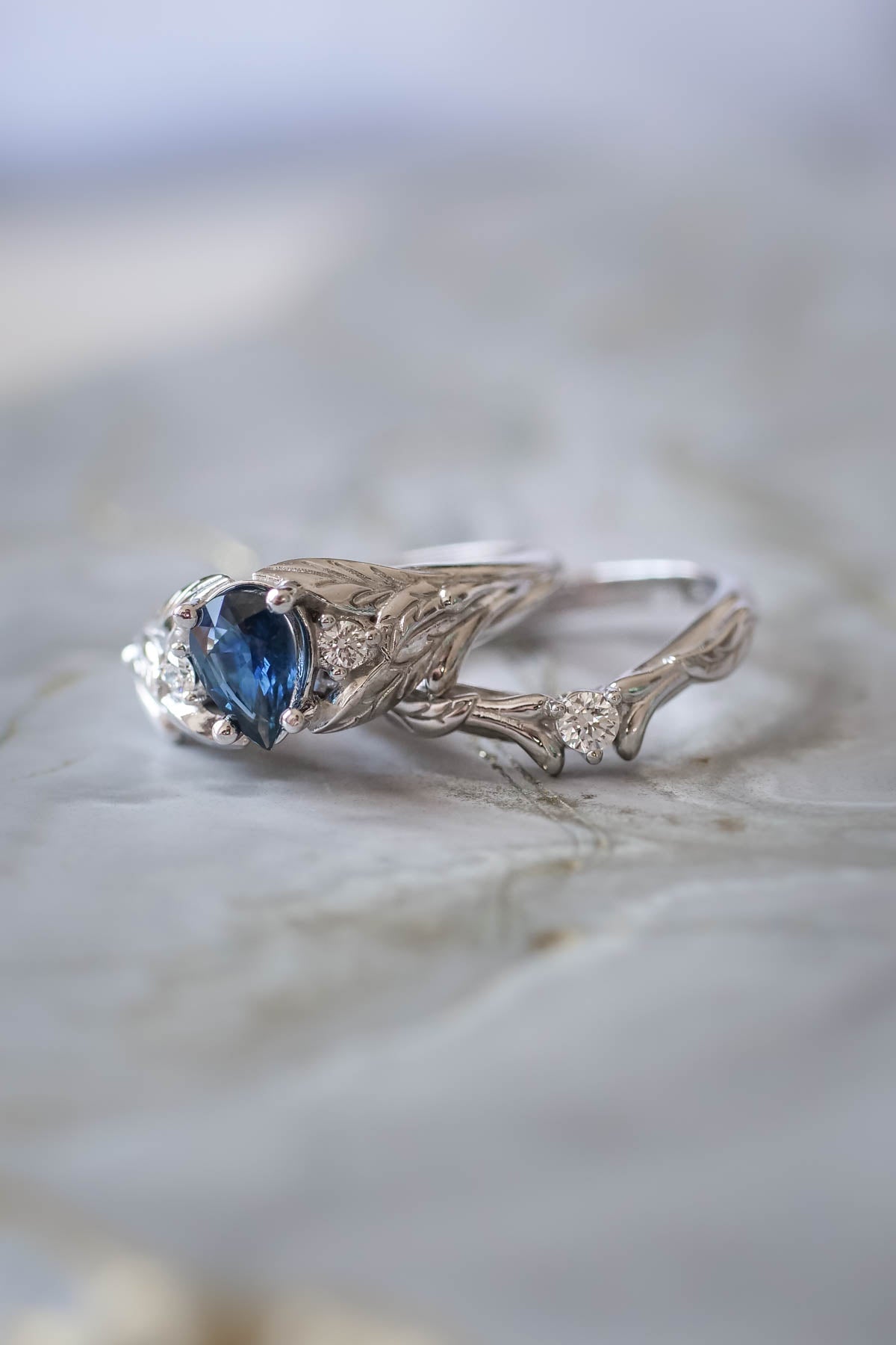 Royal blue sapphire engagement ring, unique leaf ring with diamonds / Wisteria - Eden Garden Jewelry™