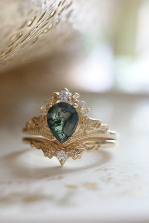 Natural moss agate bridal ring set, alternative engagement ring set / Ariadne - Eden Garden Jewelry™