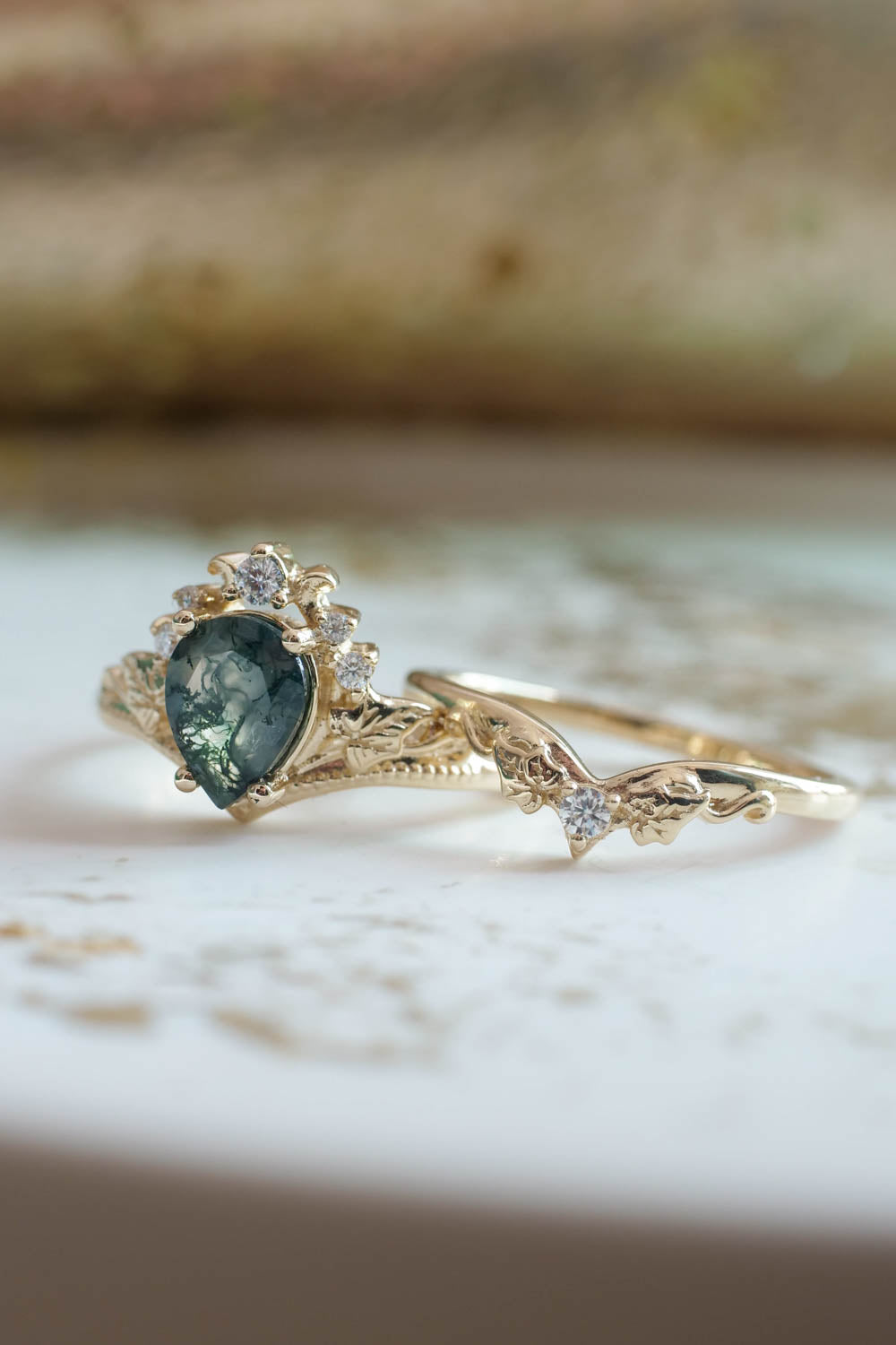 Ariadne | bridal ring set, pear cut 8x6 mm gemstone setting - Eden Garden Jewelry™