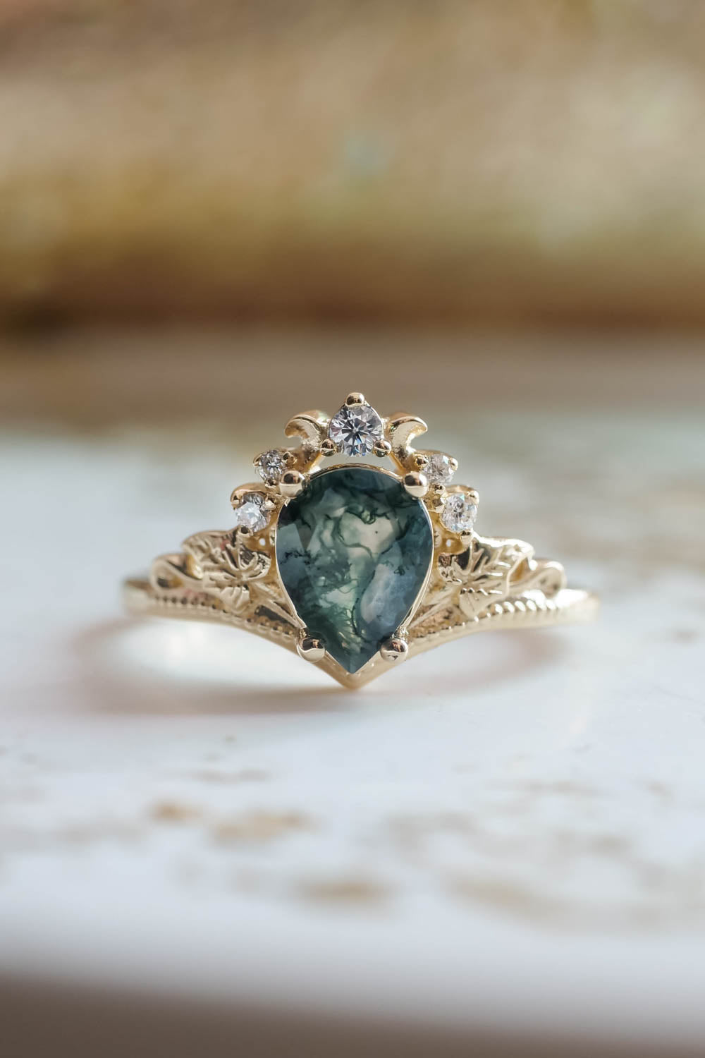 Moss agate proposal ring, non-trivial green stone engagement ring / Ariadne