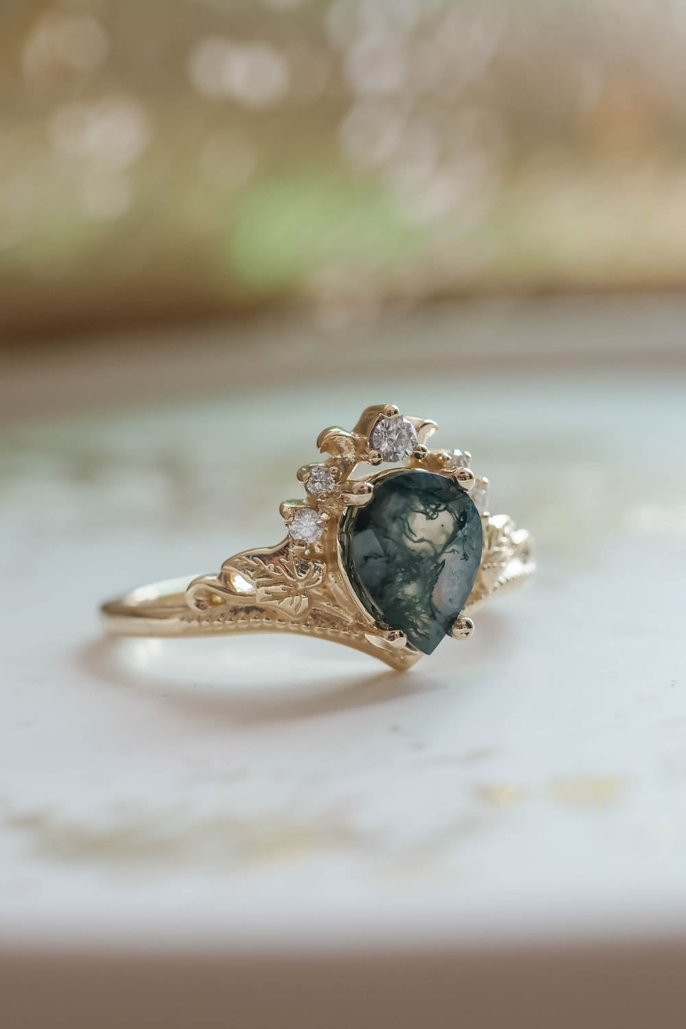 Natural moss agate bridal ring set, alternative engagement ring set / Ariadne - Eden Garden Jewelry™