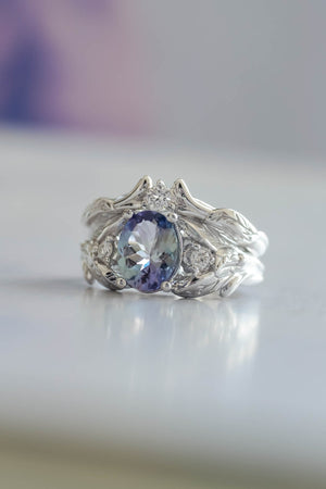 Tanzanite bridal ring set, gold leaf rings with diamonds / Wisteria - Eden Garden Jewelry™
