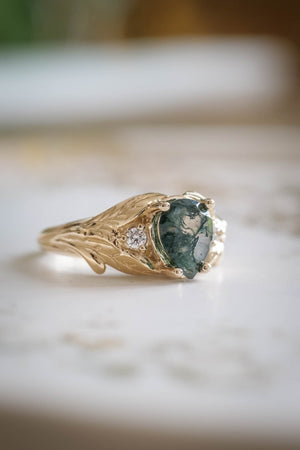 Green moss agate engagement ring, promise leaf ring with diamonds / Wisteria - Eden Garden Jewelry™