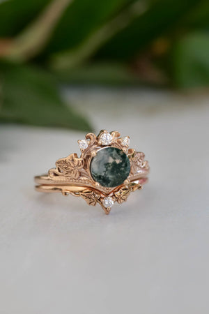 Moss agate gold ring set, diamond engagement ring set / Ariadne - Eden Garden Jewelry™