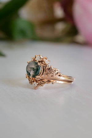 Green moss agate engagement ring, promise ring with diamonds / Ariadne - Eden Garden Jewelry™