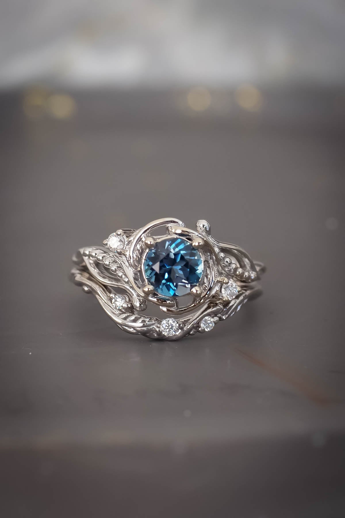 Blue topaz engagement ring, gold nature inspired ring / Undina - Eden Garden Jewelry™