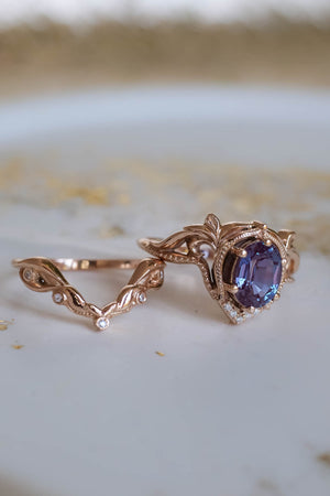 Colour changing alexandrite bridal ring set, ornate engagement ring set / Lida - Eden Garden Jewelry™