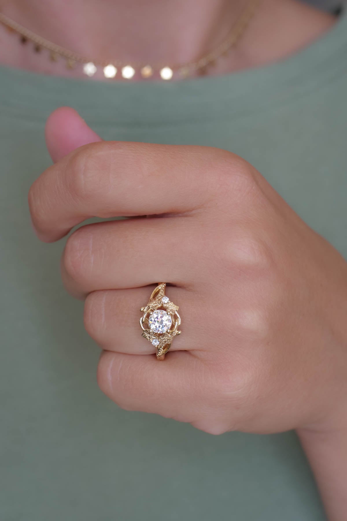 Moissanite engagement ring, gold leaves ring / Ivy Undina - Eden Garden Jewelry™