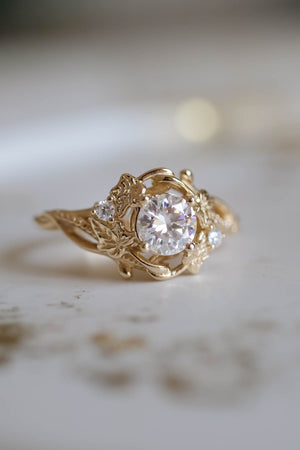 Moissanite engagement ring, gold leaves ring / Ivy Undina - Eden Garden Jewelry™