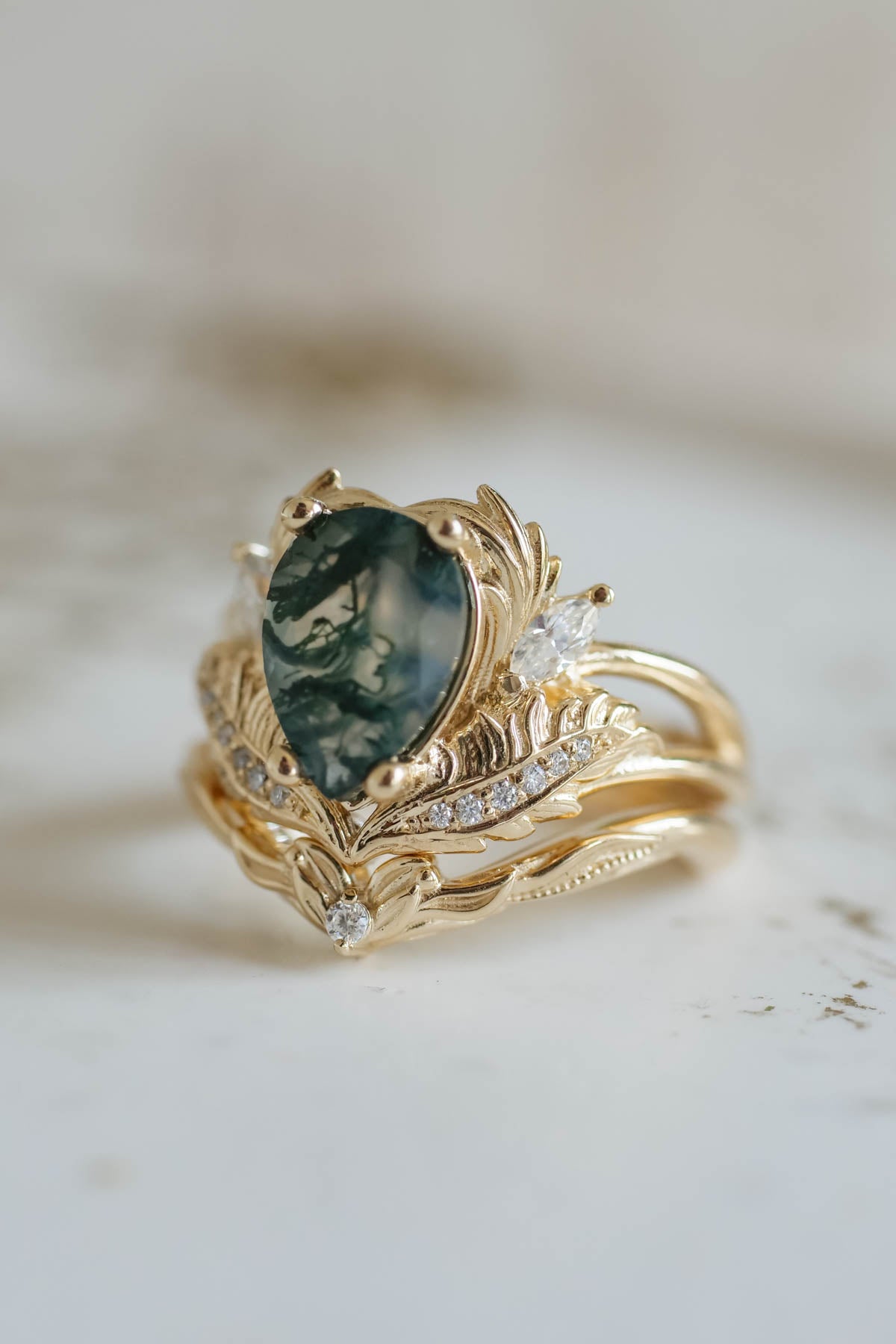 Pear shaped moss agate engagement ring set, nature themed gold rings / Adonis - Eden Garden Jewelry™