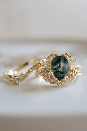 One of a kind moss agate engagement ring, unique gold proposal ring with diamonds / Adonis - Eden Garden Jewelry™