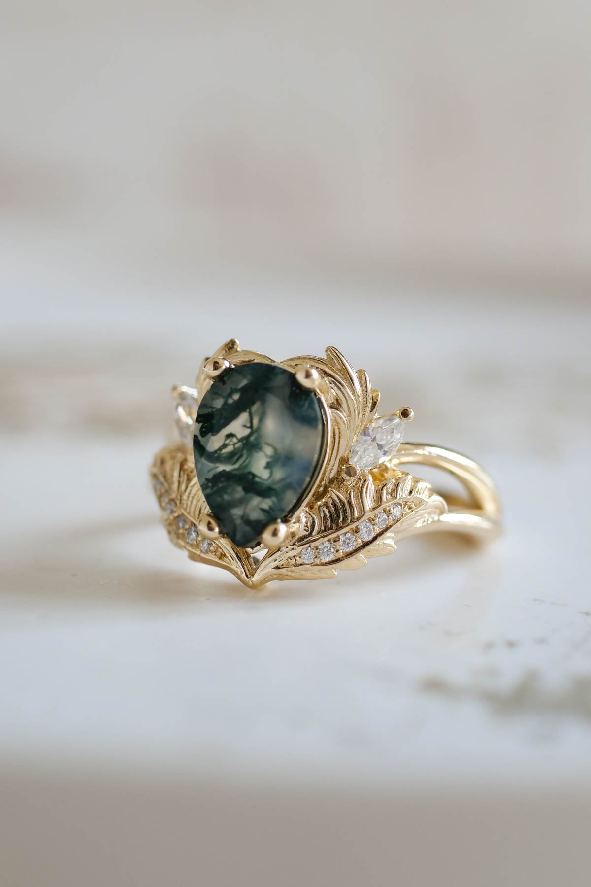 One of a kind moss agate engagement ring, unique gold proposal ring with diamonds / Adonis - Eden Garden Jewelry™