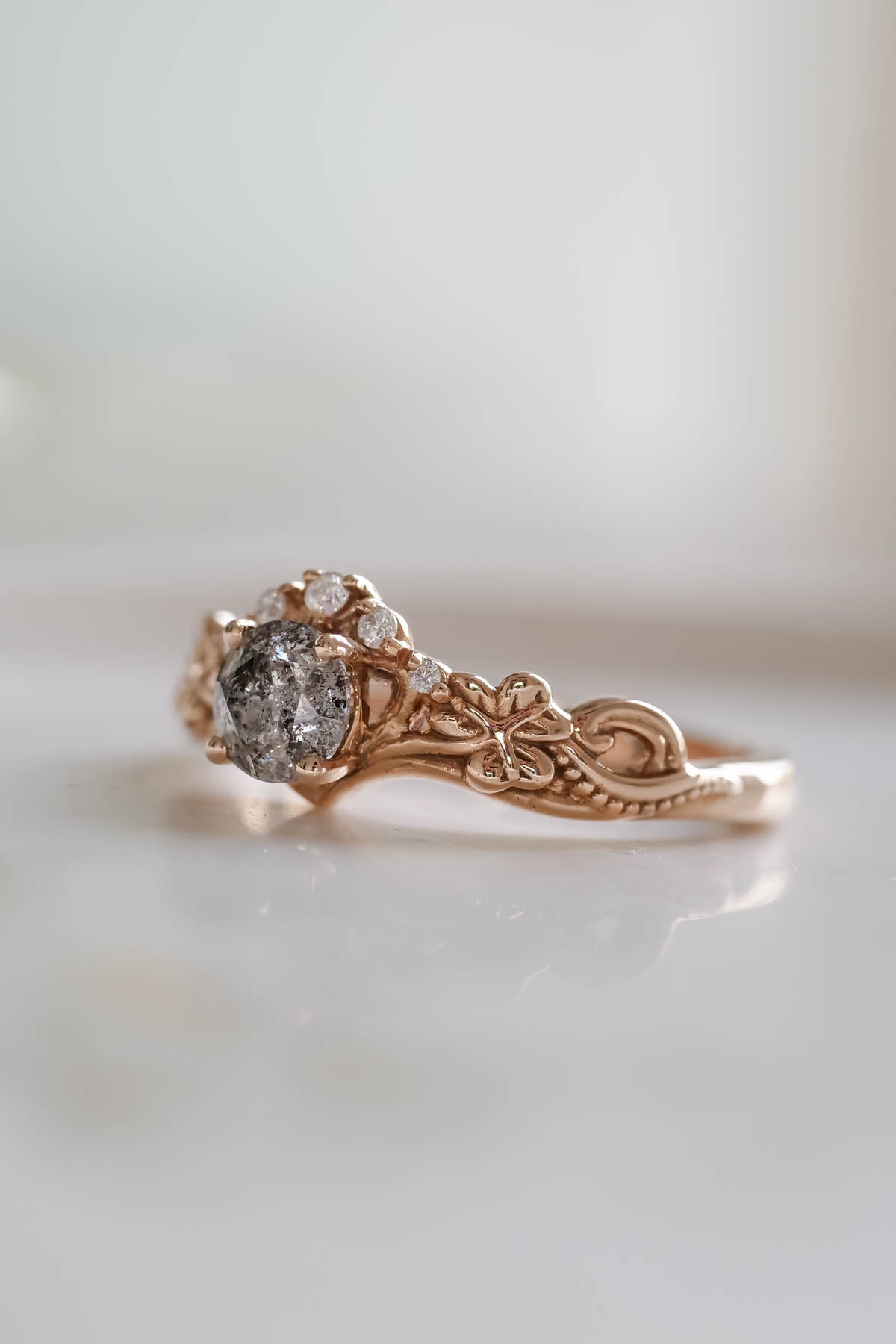 Elvish engagement ring with salt and pepper diamond / Horta - Eden Garden Jewelry™