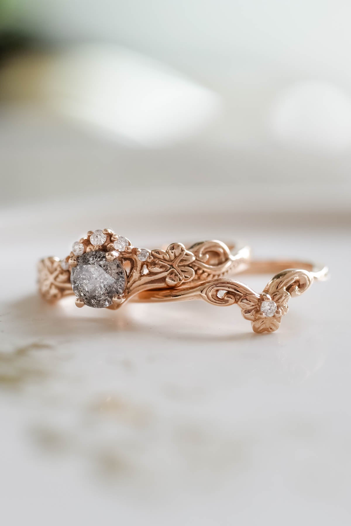 Elvish engagement ring with salt and pepper diamond / Horta - Eden Garden Jewelry™