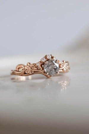 Salt and pepper diamond bridal ring set, gold leaf rings / Horta - Eden Garden Jewelry™