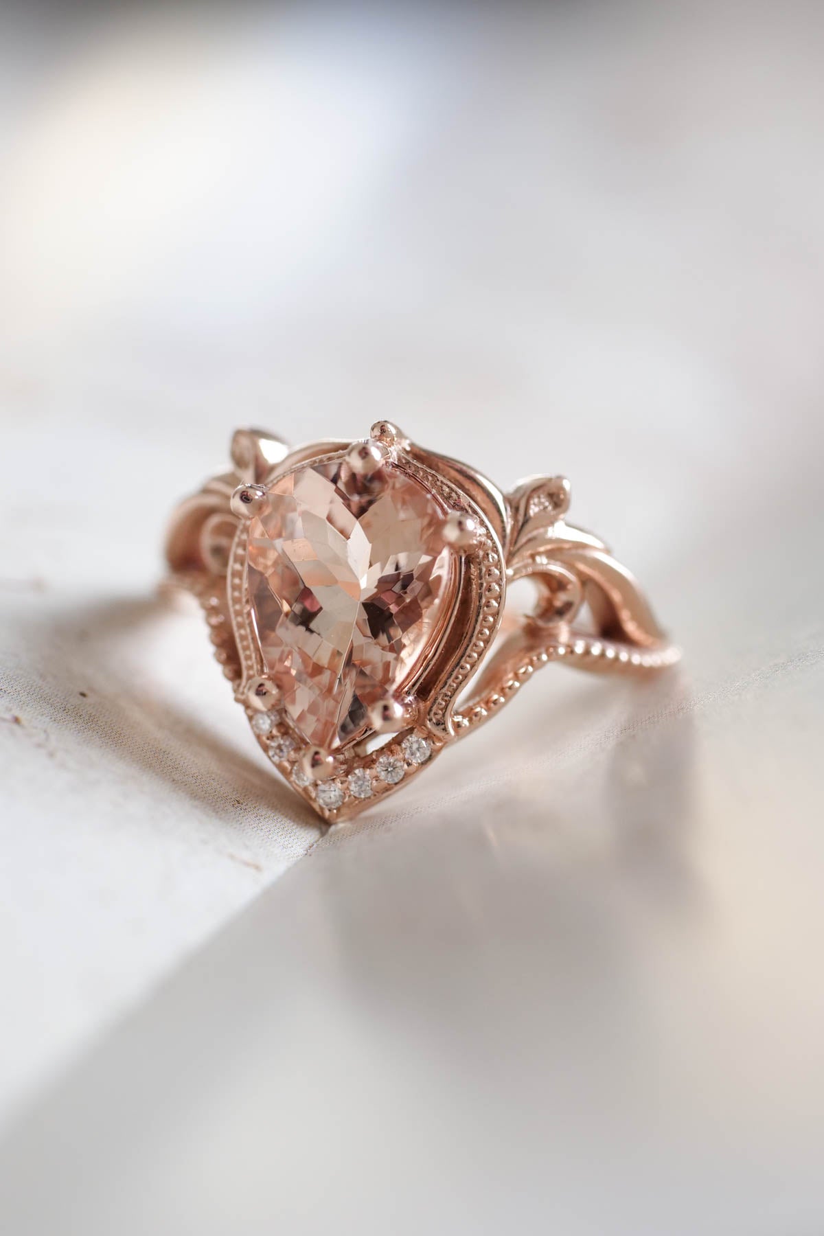 READY TO SHIP: Lida ring set in 14K rose gold, peach morganite 10x7 mm, moissanites, RING SIZE 5.5 US - Eden Garden Jewelry™