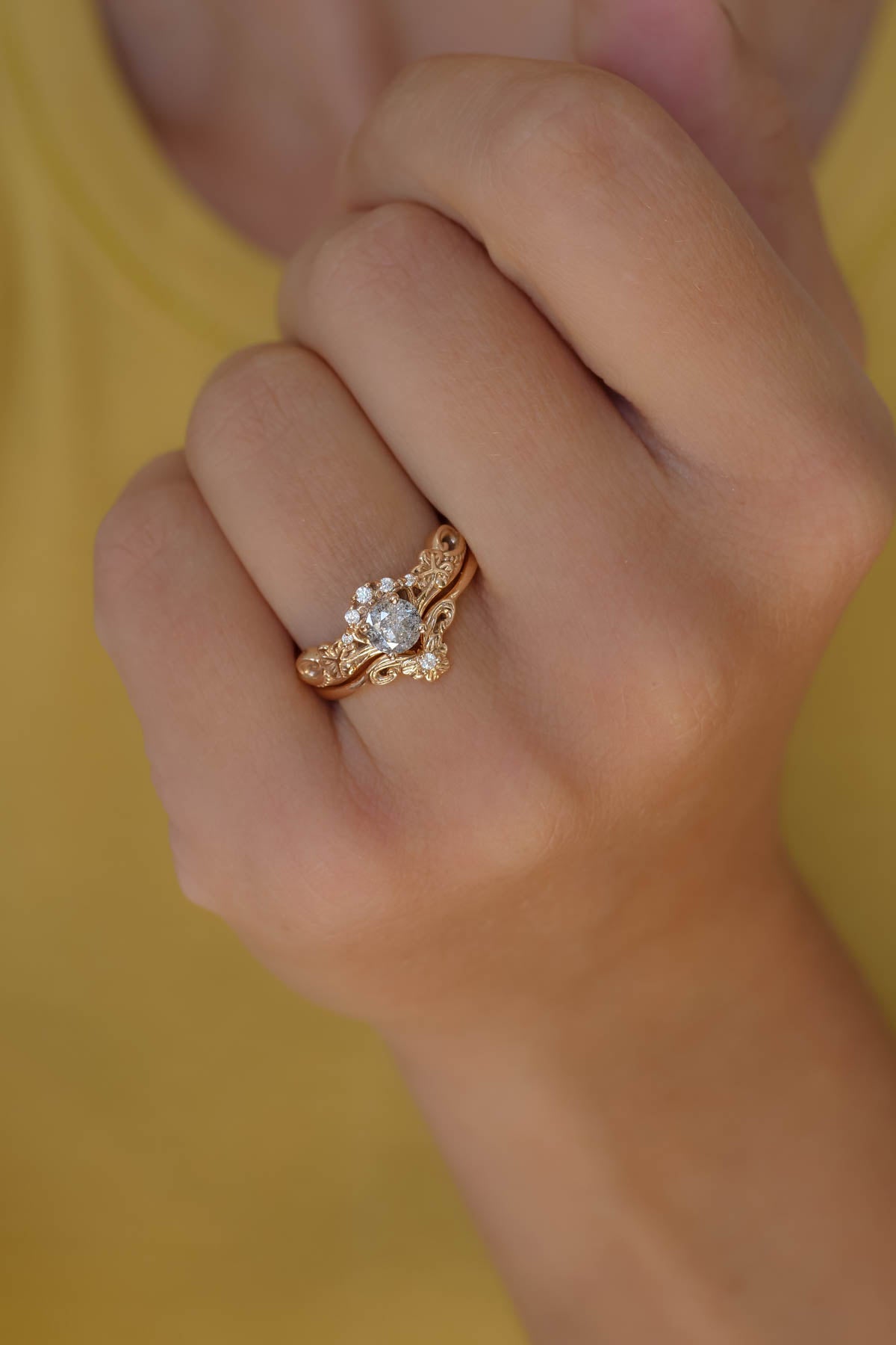 Salt and pepper diamond bridal ring set, gold leaf rings / Horta - Eden Garden Jewelry™