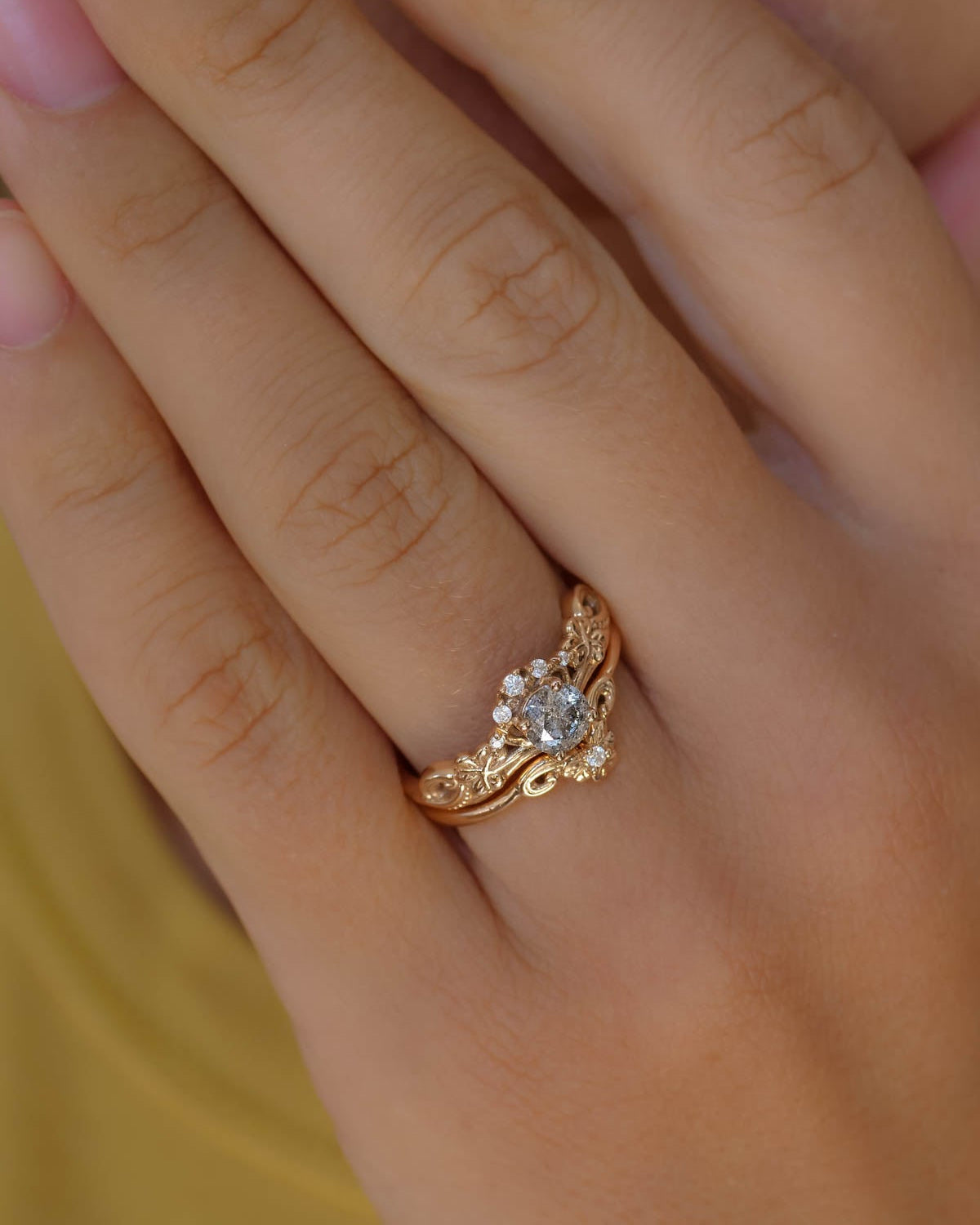 Elvish engagement ring with salt and pepper diamond / Horta - Eden Garden Jewelry™