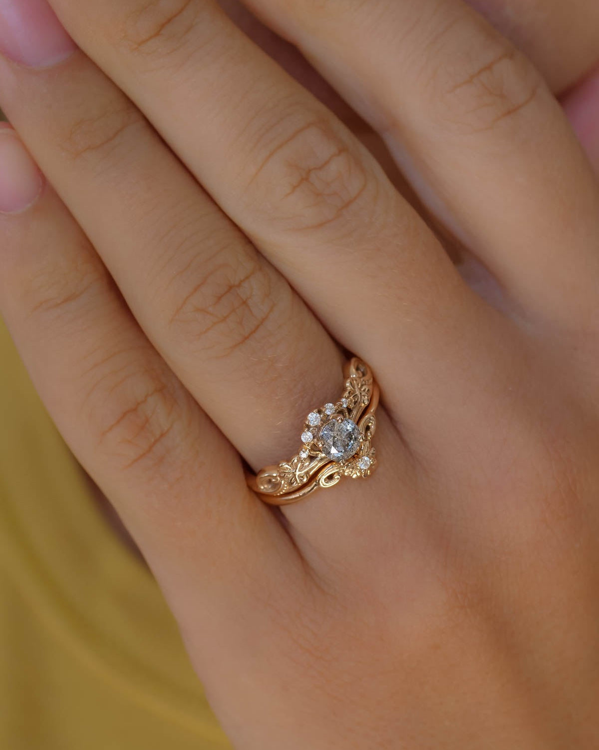 Elvish engagement ring with salt and pepper diamond / Horta - Eden Garden Jewelry™