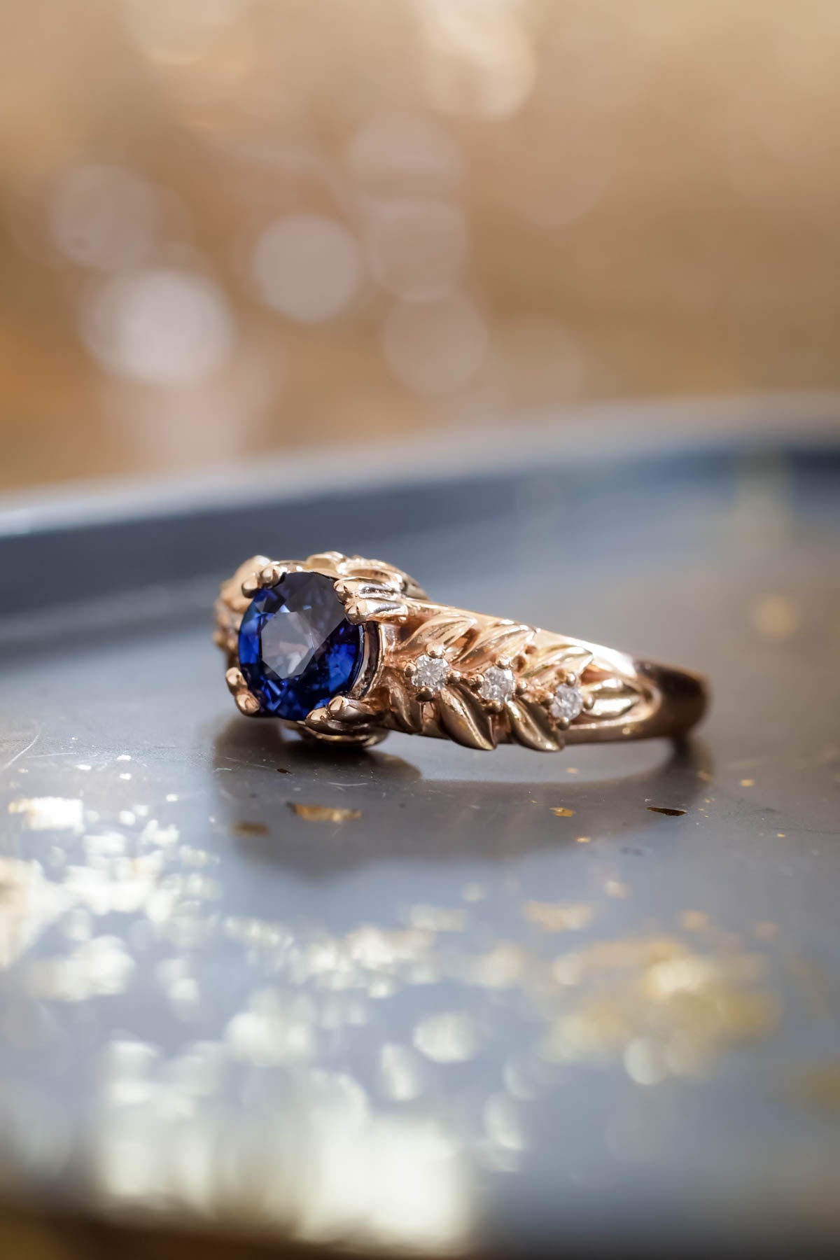 READY TO SHIP: Silvestra in 14K rose gold, natural blue sapphire 6mm, moissanites, RING SIZE 6.25 US - Eden Garden Jewelry™