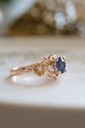 Royal blue sapphire engagement ring, floral ring with diamonds / Adelina - Eden Garden Jewelry™