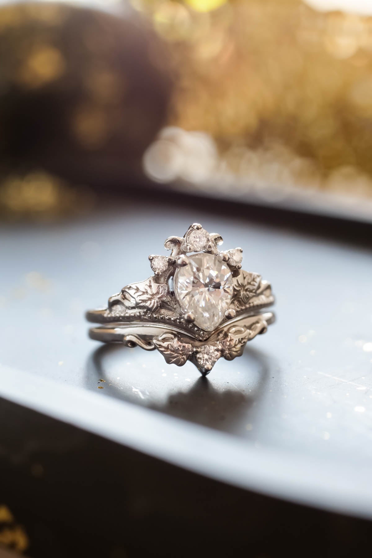 Pear Shaped Diamond Engagement Ring Set with Crown & Leaf Bands | Ken & Dana