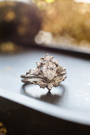 Moissanite engagement ring set, crown shape rings with diamonds / Ariadne - Eden Garden Jewelry™