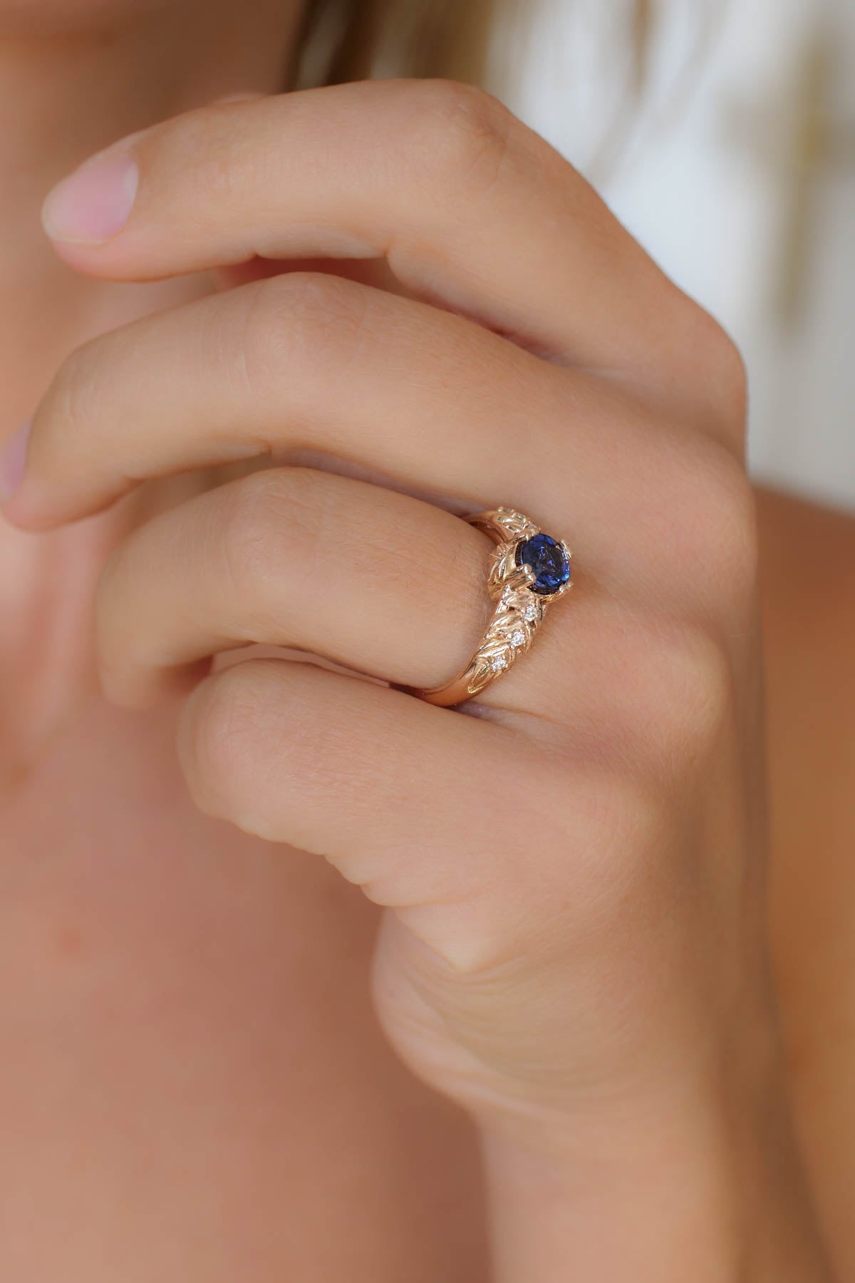 Blue sapphire engagement ring, gold leaf ring with diamonds / Silvestra - Eden Garden Jewelry™