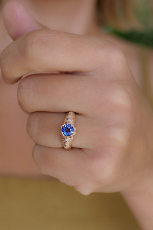 Blue sapphire engagement ring, gold leaf ring with diamonds / Silvestra - Eden Garden Jewelry™