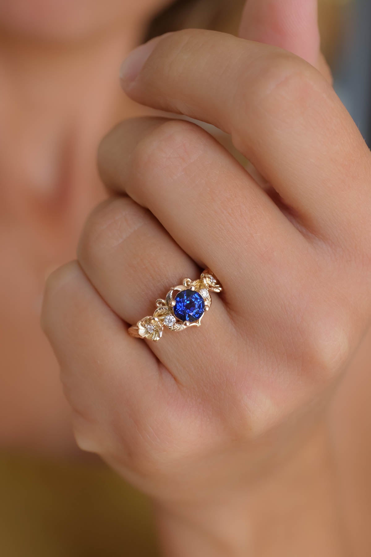 Royal blue sapphire engagement ring, floral ring with diamonds / Adelina - Eden Garden Jewelry™