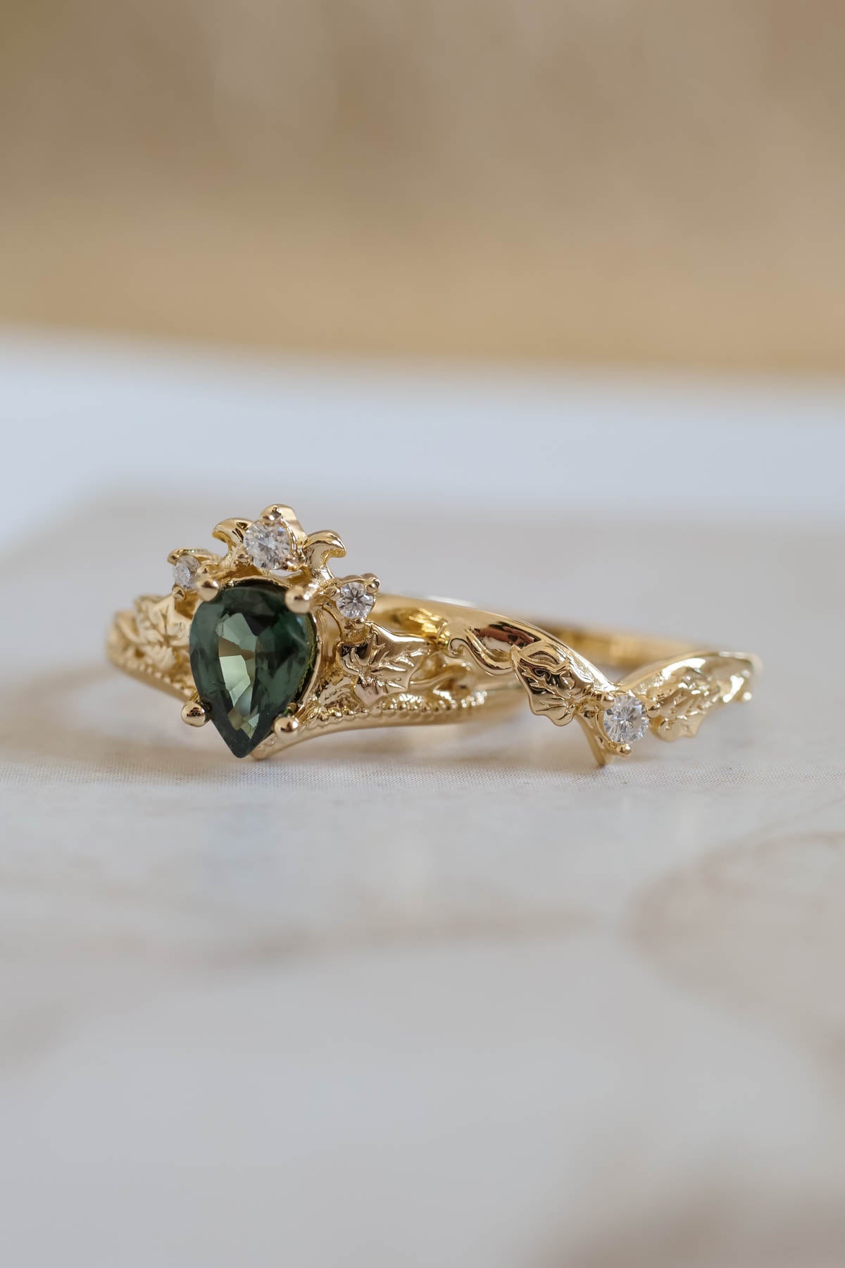 Green sapphire engagement ring set, tiara ring with diamonds / Ariadne - Eden Garden Jewelry™