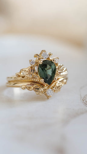 Green sapphire engagement ring set, tiara ring with diamonds / Ariadne - Eden Garden Jewelry™