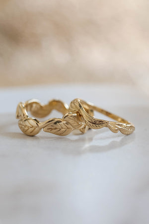 Wedding rings set for couples: leaves band for him, branch band for her - Eden Garden Jewelry™