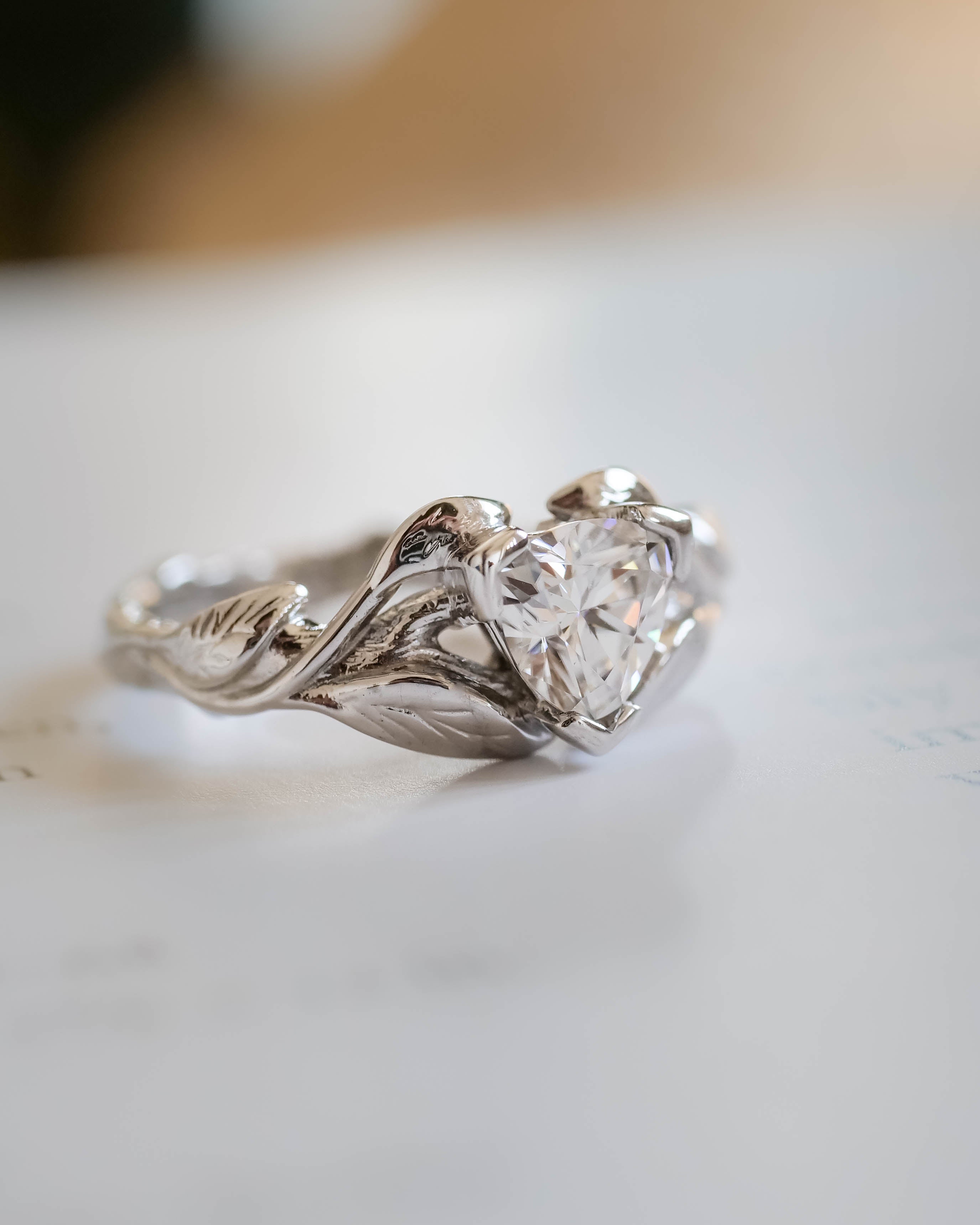 Moissanite gold engagement ring, trillion cut proposal ring / Clematis - Eden Garden Jewelry™