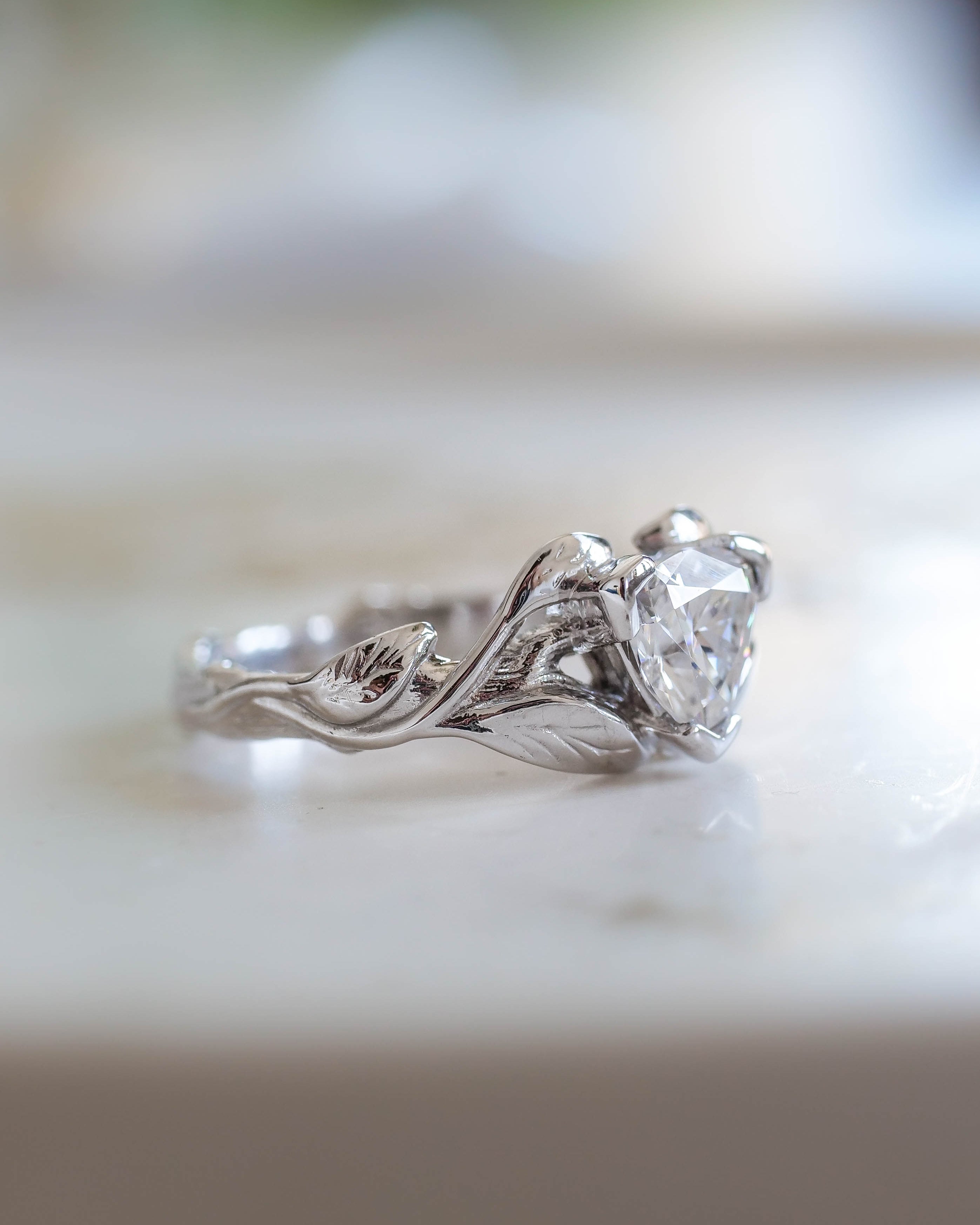 Moissanite gold engagement ring, trillion cut proposal ring / Clematis - Eden Garden Jewelry™