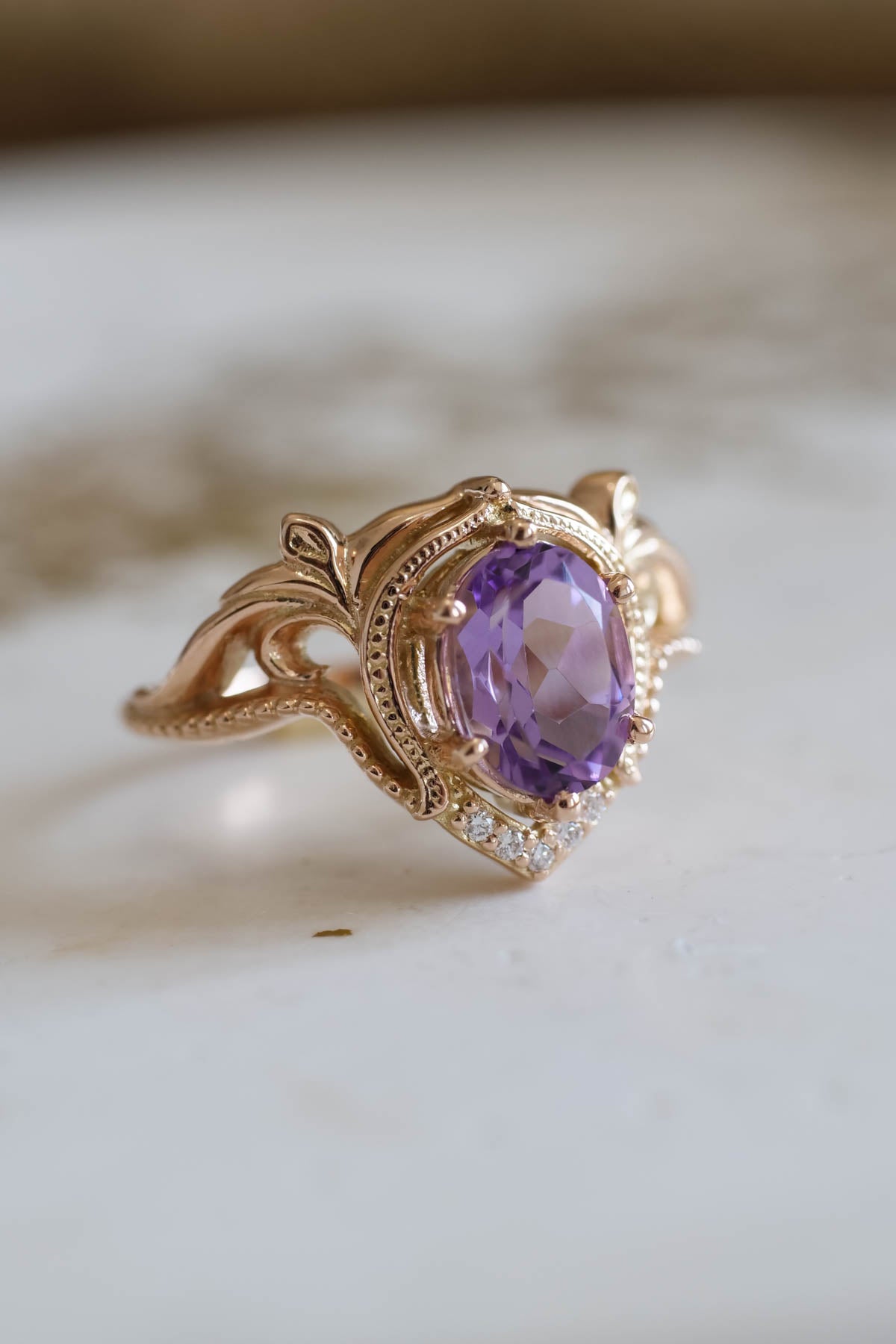 Diamond engagement ring with amethyst, unique promise ring / Lida - Eden Garden Jewelry™