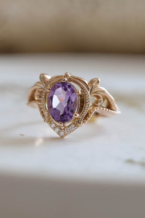 Ornate engagement ring set with amethyst, vintage inspired gold rings / Lida - Eden Garden Jewelry™
