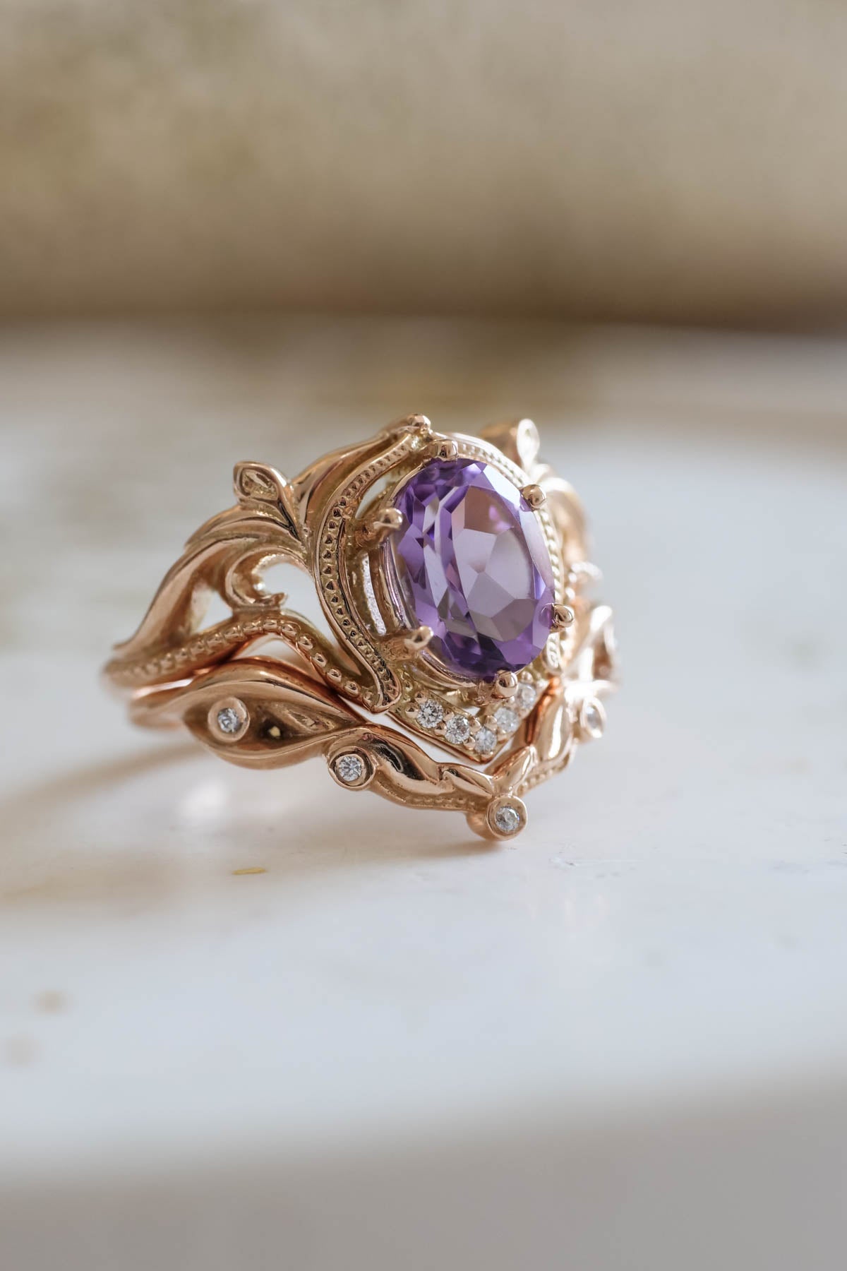 Ornate engagement ring set with amethyst, vintage inspired gold rings / Lida - Eden Garden Jewelry™