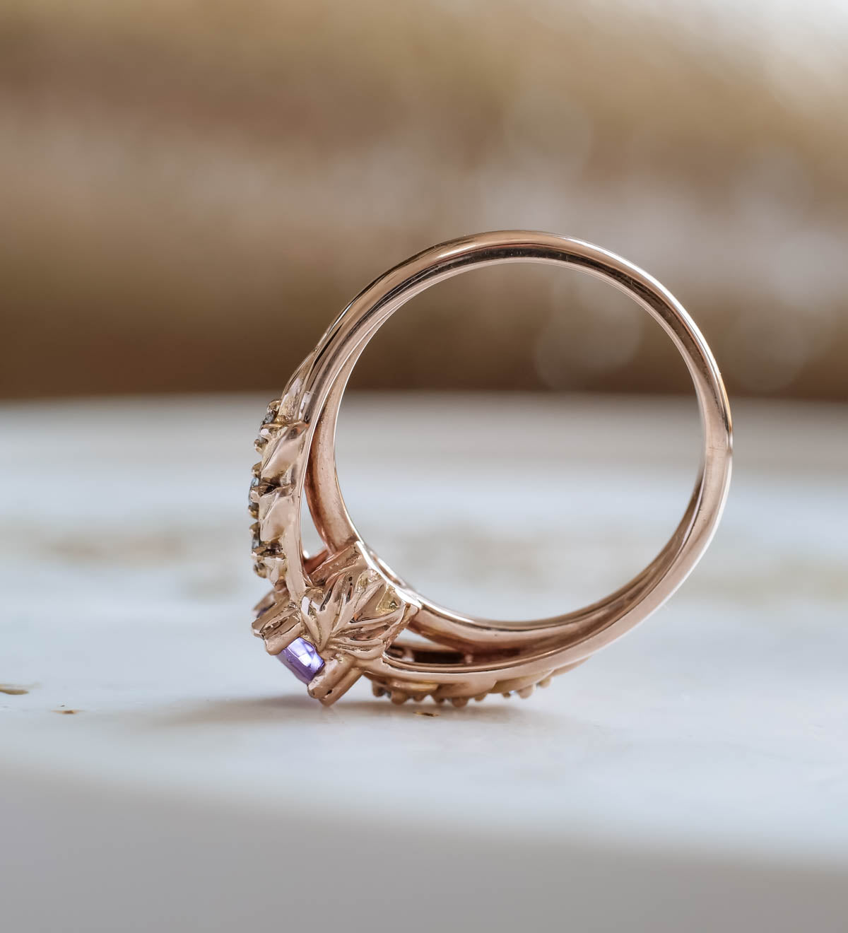 READY TO SHIP: Silvestra in 14K gold, round amethyst 5mm, moissanites, RING SIZE 6.25 US - Eden Garden Jewelry™