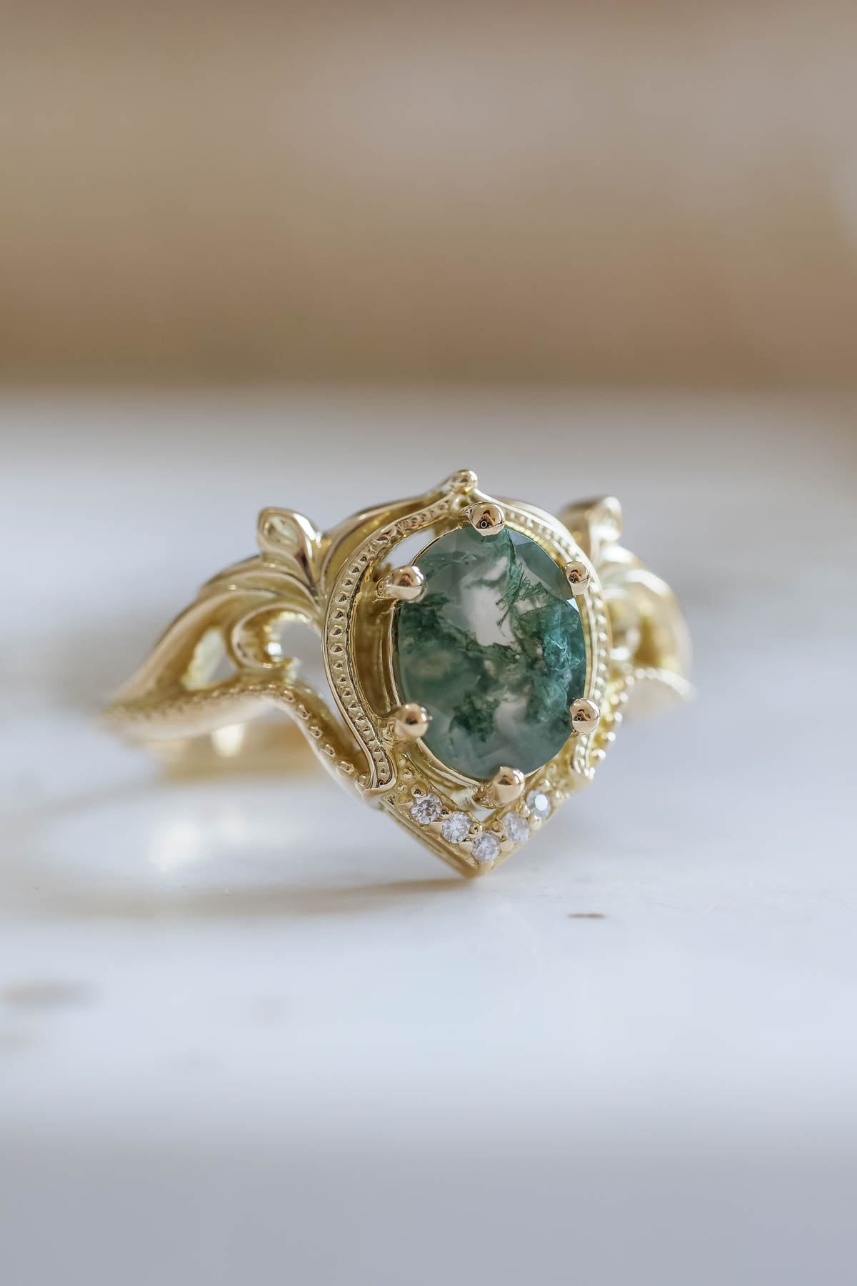 Cushion cut green moss agate ring vintage unique nature inspired