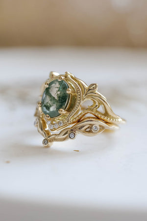 Moss agate bridal ring set, nature inspired engagement rings / Lida - Eden Garden Jewelry™